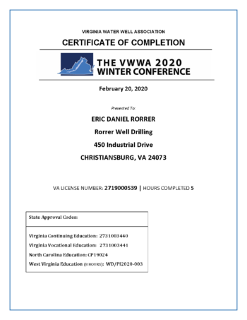 WC20 Certificate Of Completion Available Virginia Water Well Association